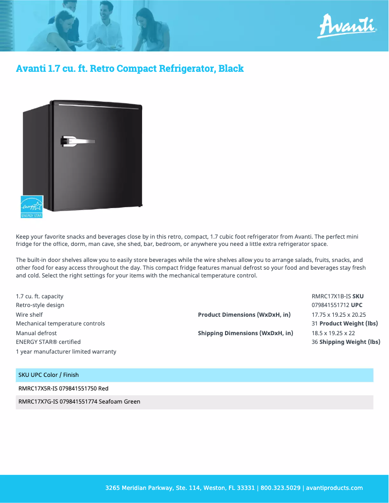 Page 1 de la notice Fiche technique Avanti RMRC17X1B-IS