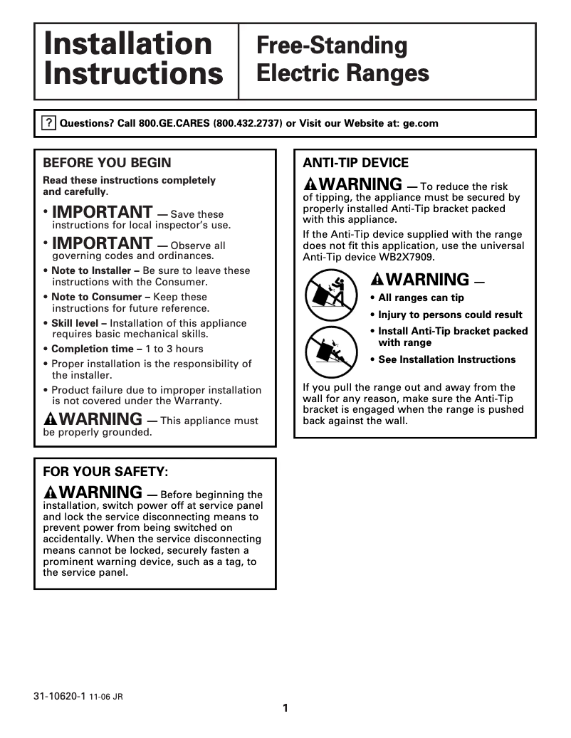 Page 1 of the manual Installation Guide GE JBP66BKCT