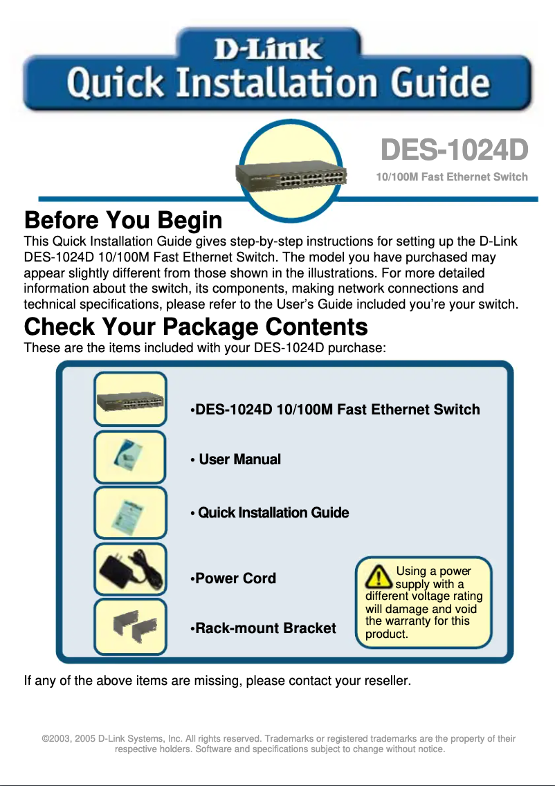Page 1 of the manual Installation Guide D-Link DES-1024D
