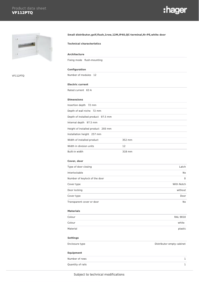 Page 1 de la notice Fiche technique Hager VF112PTQ