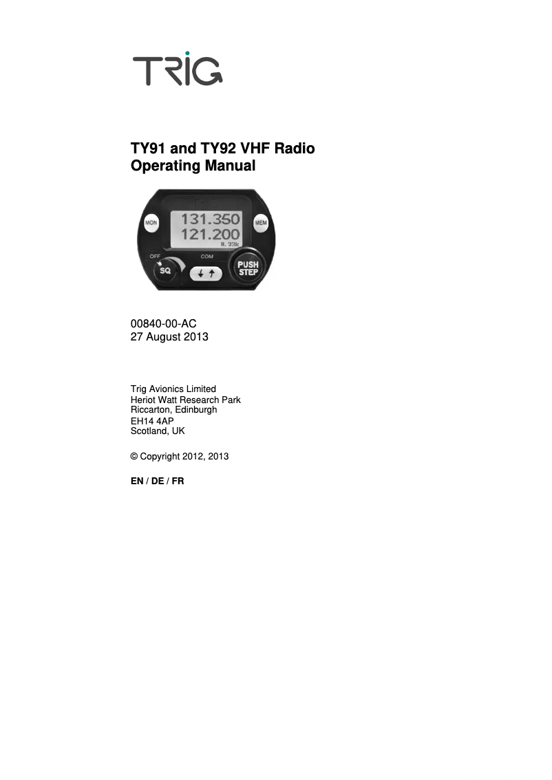 Page 1 de la notice Manuel utilisateur Trig Avionics TY92