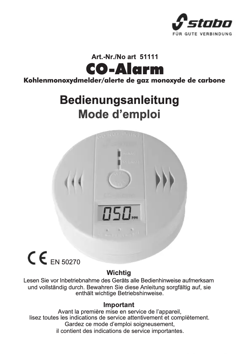 Page 1 de la notice Manuel utilisateur Stabo CO-Alarm
