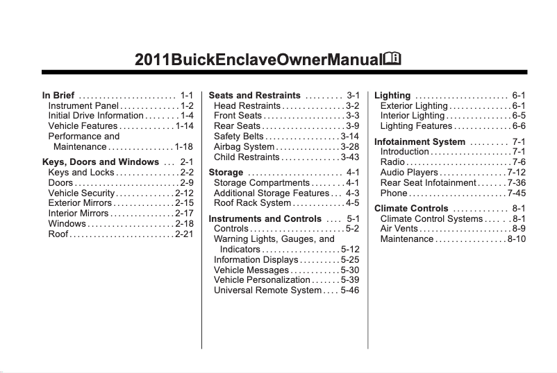 Page 1 de la notice Manuel utilisateur Buick Enclave (2011)