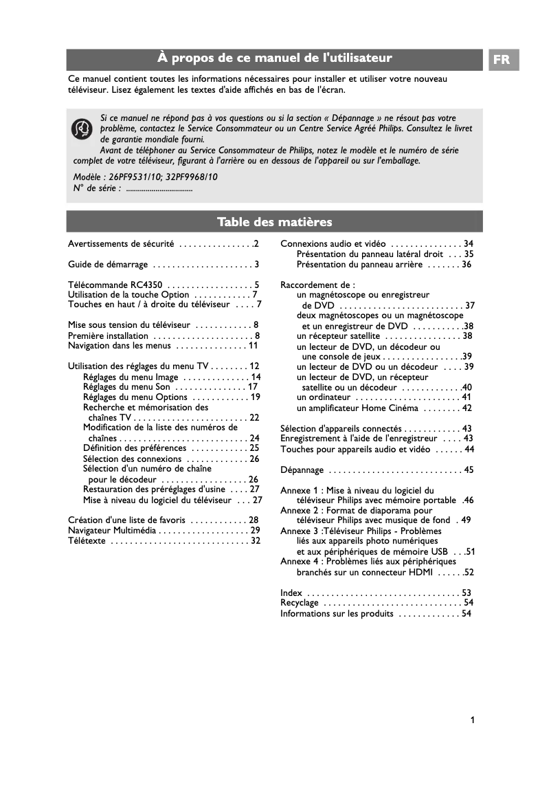 Page n°1 - Manuel utilisateur Philips Cineos 26PF9531