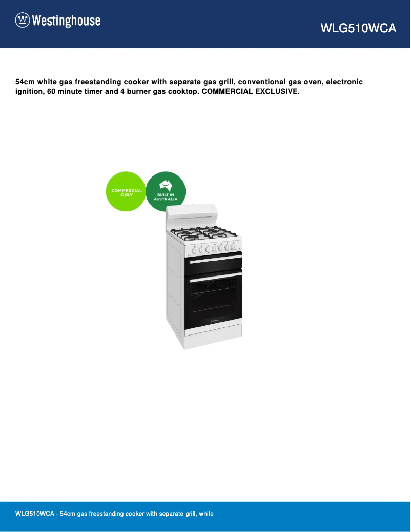 Page 1 de la notice Fiche technique Westinghouse WLG510WCA