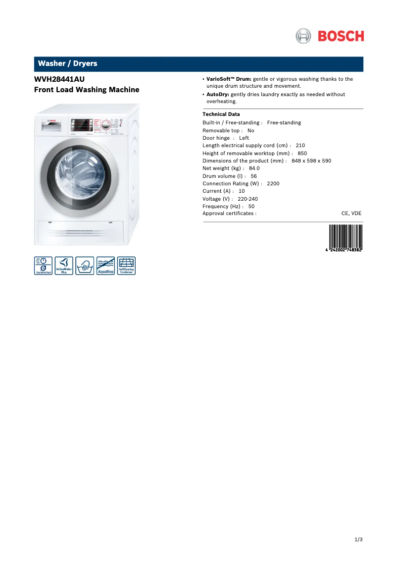 Page 1 of the manual Technical Sheet Bosch Avantixx 7 WVH28441