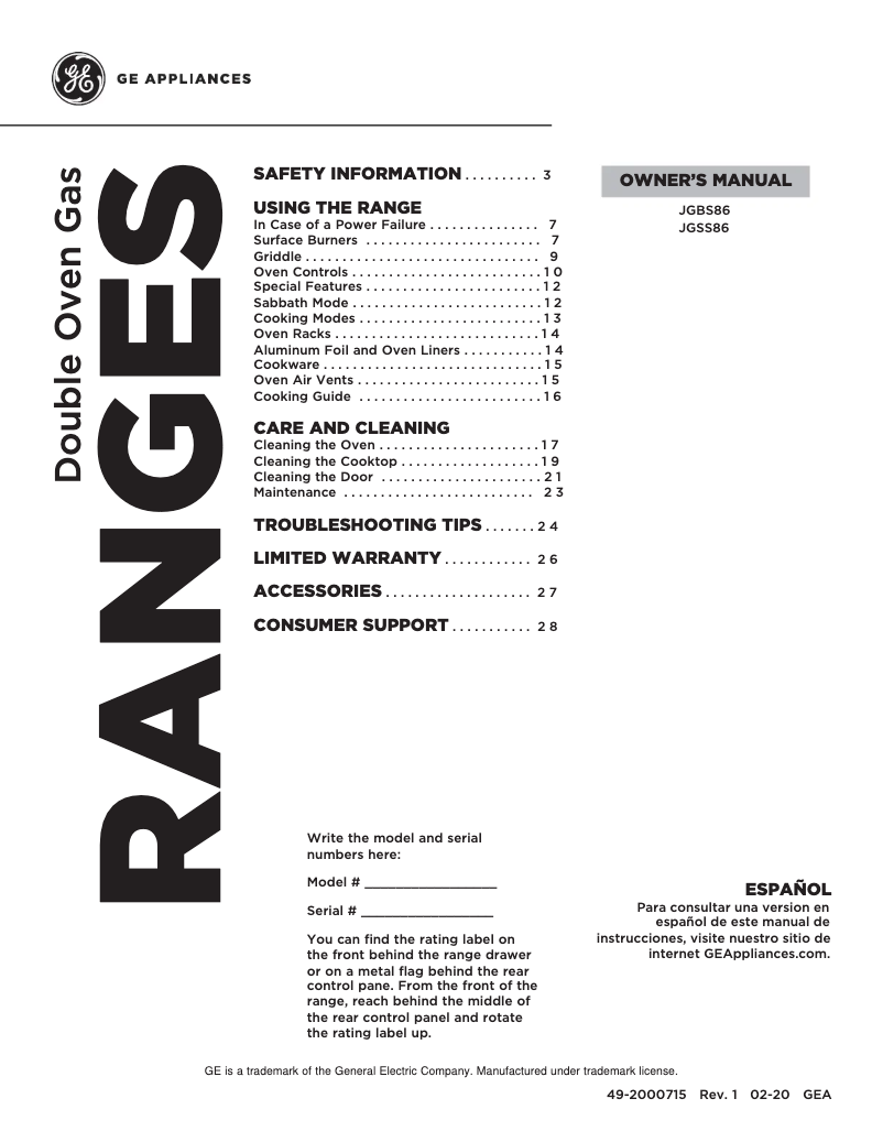 Page n°1 - Manuel utilisateur GE JGBS86SPSS