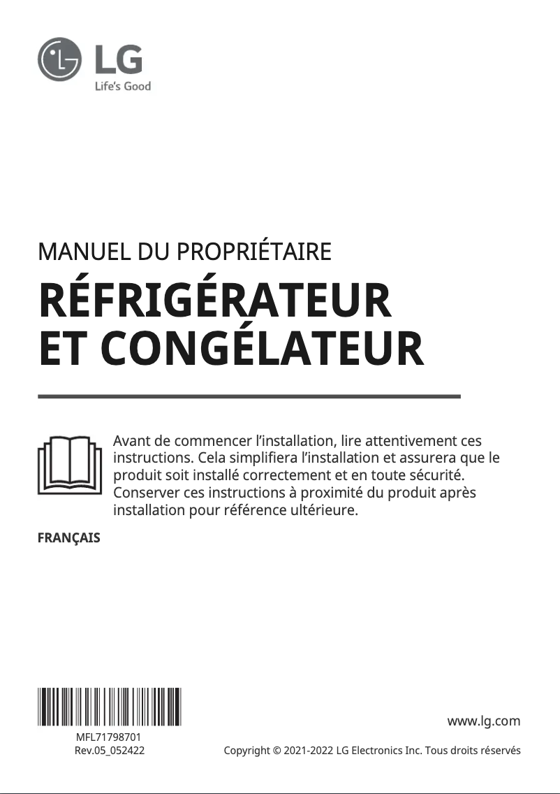 Page 1 de la notice Manuel utilisateur LG GSXV91MCLE