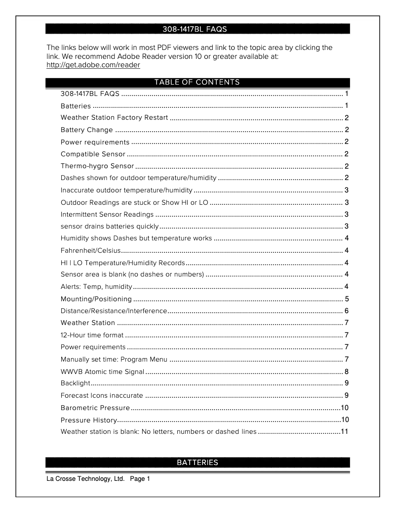 Page 1 de la notice FAQ La Crosse Technology 308-1417BL