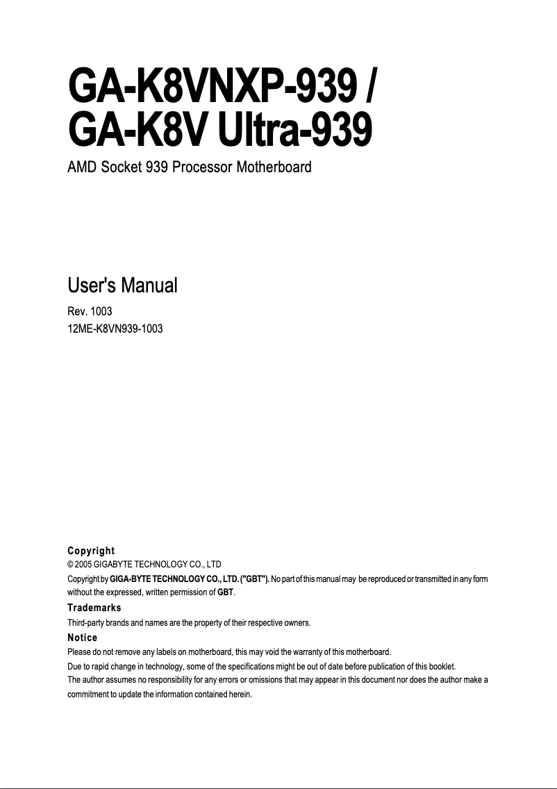 Page 1 de la notice Manuel utilisateur Gigabyte GA-K8V Ultra-939