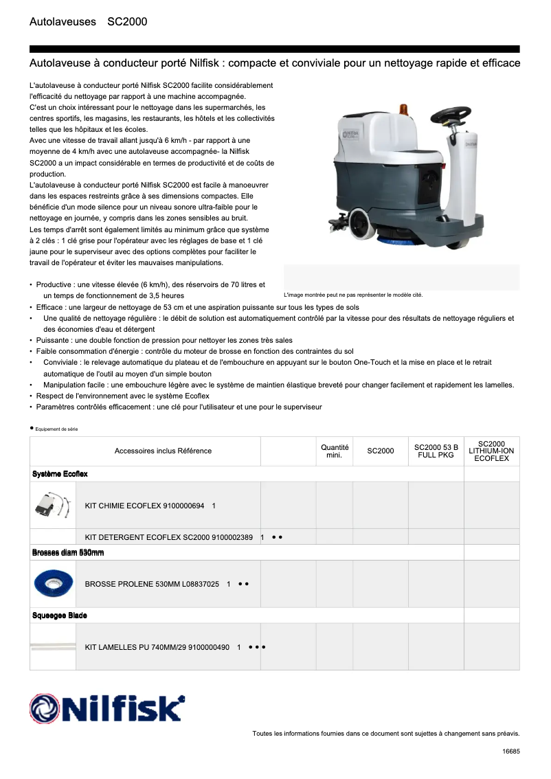 Page 1 de la notice Fiche technique Nilfisk SC2000
