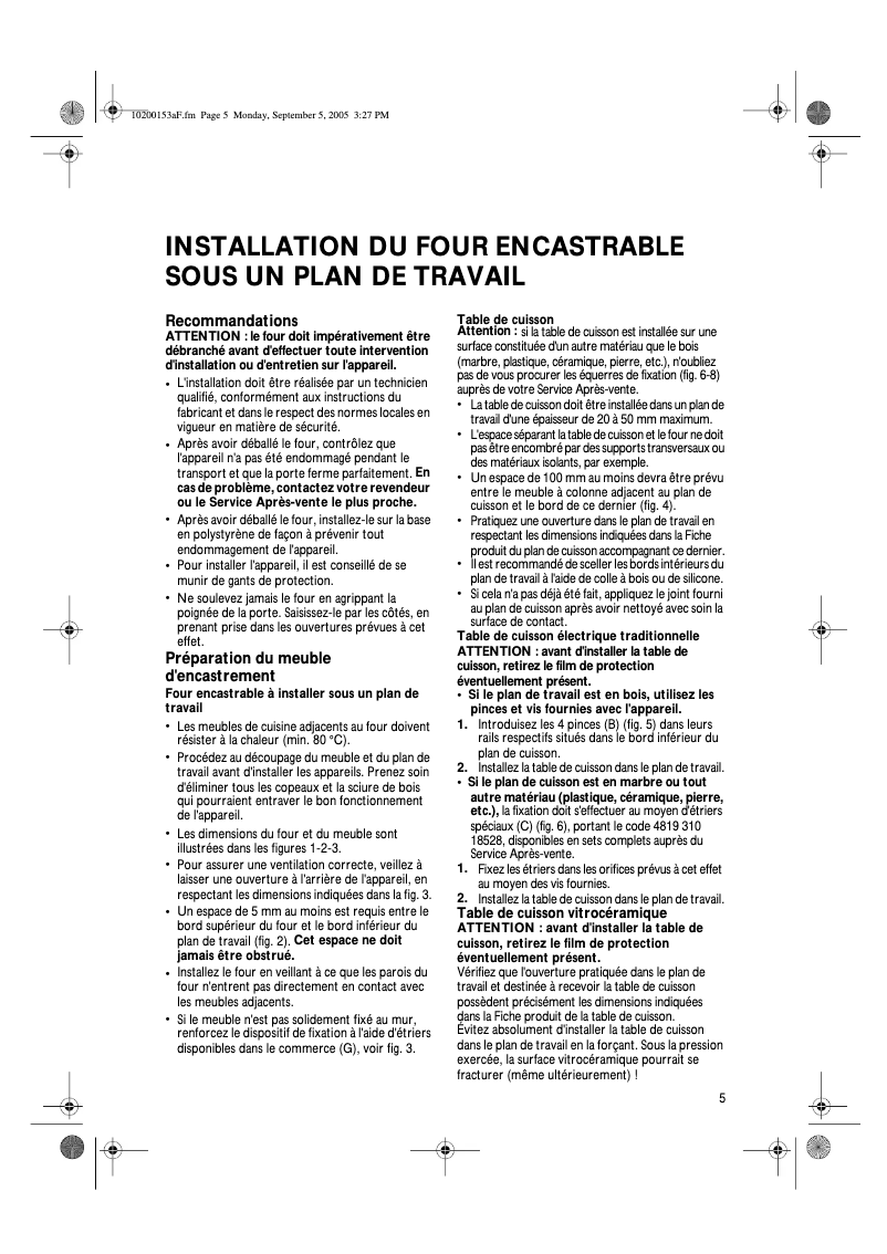 Page 1 de la notice Manuel utilisateur Whirlpool AKZ 501 IX