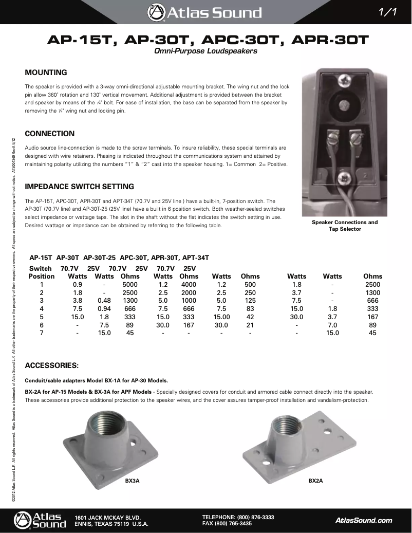 Page 1 de la notice Mode d'emploi Atlas Sound AP-15T