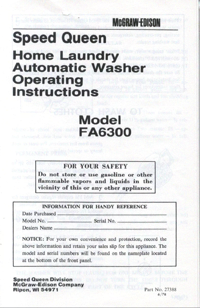 Página 1 del manual Manual de usuario Speed Queen FA6300