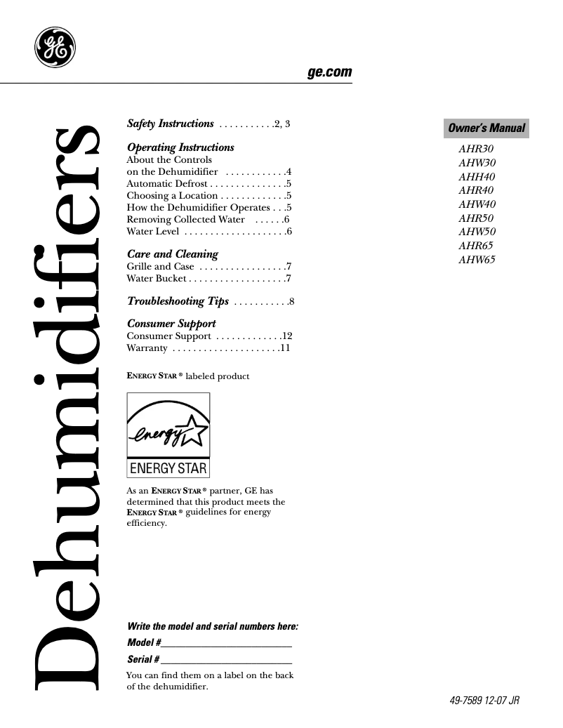Page 1 de la notice Manuel d'utilisation et d'entretien GE AHR65LL