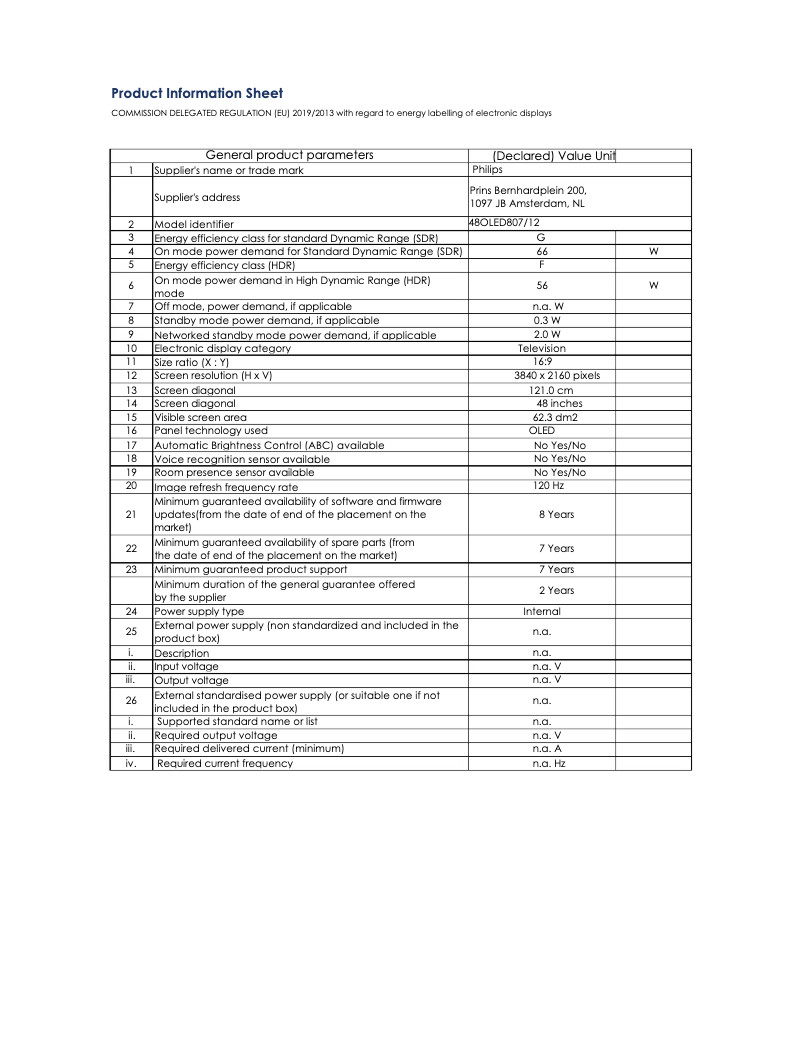 Page 1 of the manual Technical Sheet Philips 48OLED807
