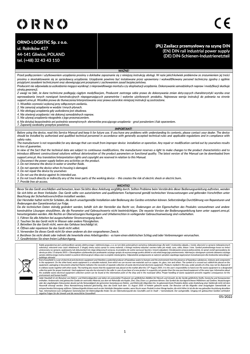Page 1 de la notice Manuel utilisateur ORNO OR-PSU-1659