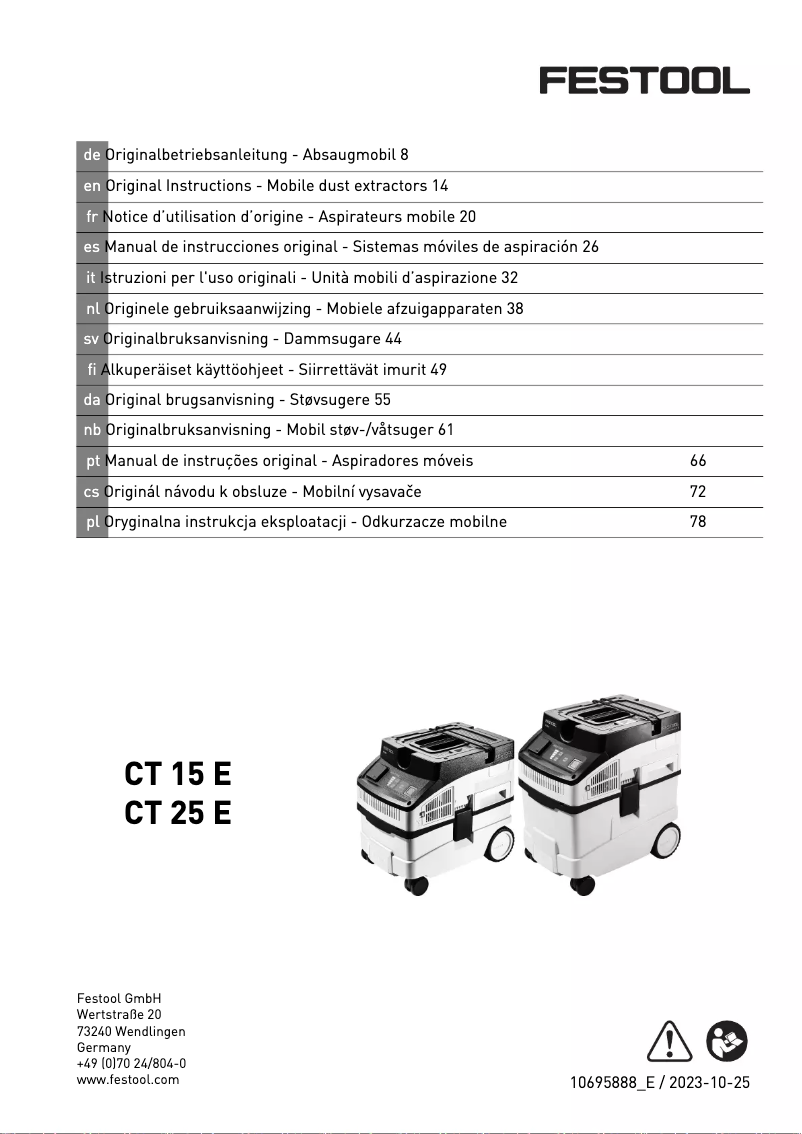 Page 1 de la notice Manuel utilisateur Festool CT 15 E