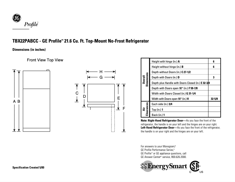 Page 1 de la notice Fiche technique GE Profile TBX22PABCC