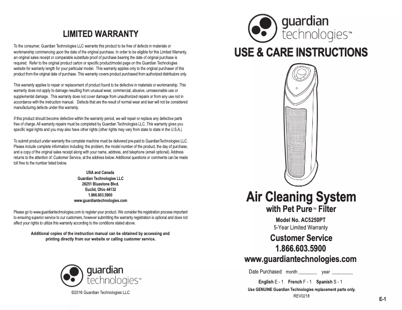 Page 1 de la notice Manuel utilisateur Guardian AC5250PT