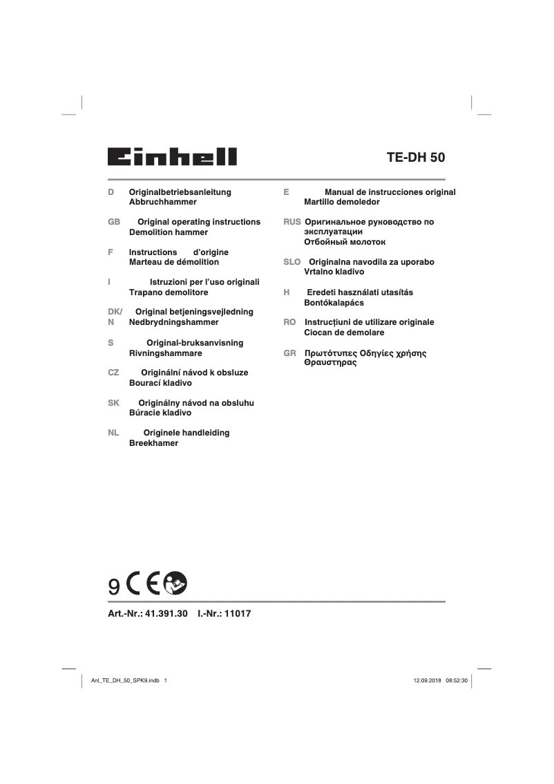 Page 1 de la notice Manuel utilisateur Einhell TC-DH 43