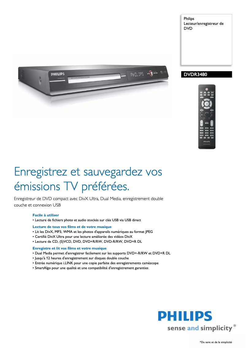 Page 1 of the manual Technical Sheet Philips DVDR3480
