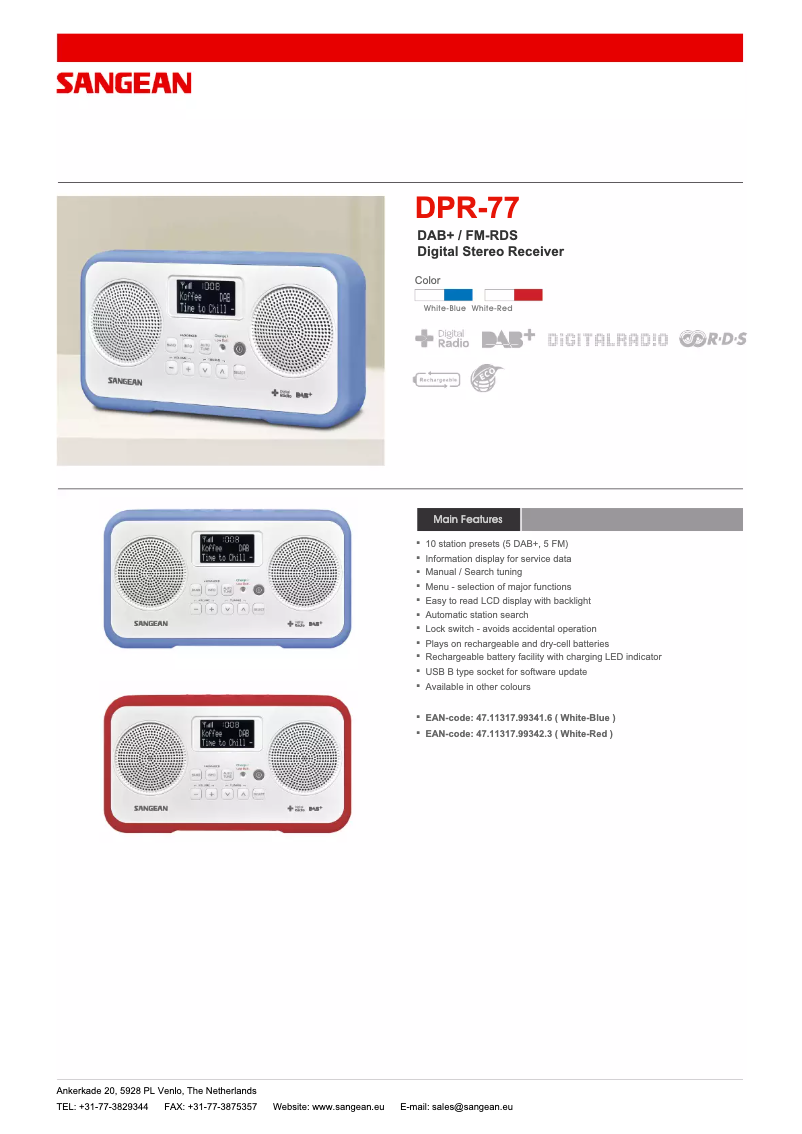 Page 1 de la notice Fiche technique Sangean DPR-77