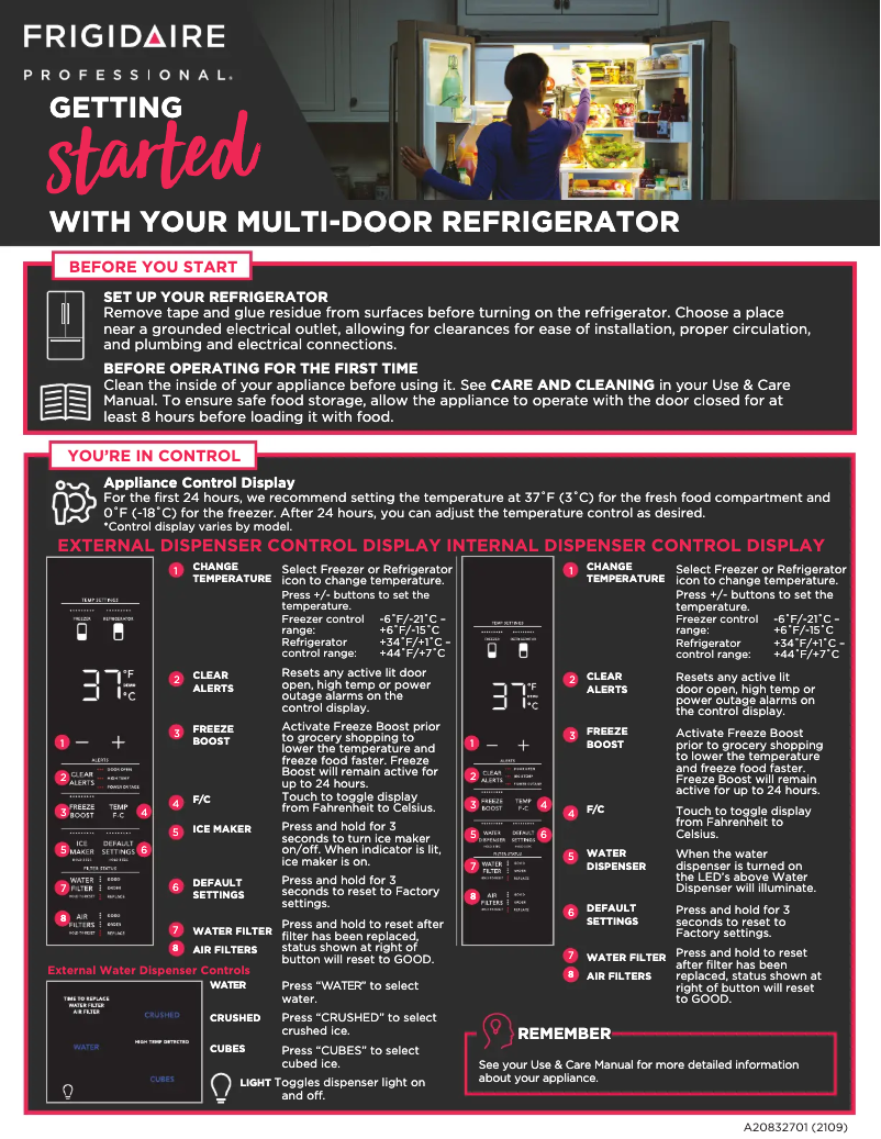 Page 1 de la notice Guide de démarrage rapide Frigidaire PRFS2883AF