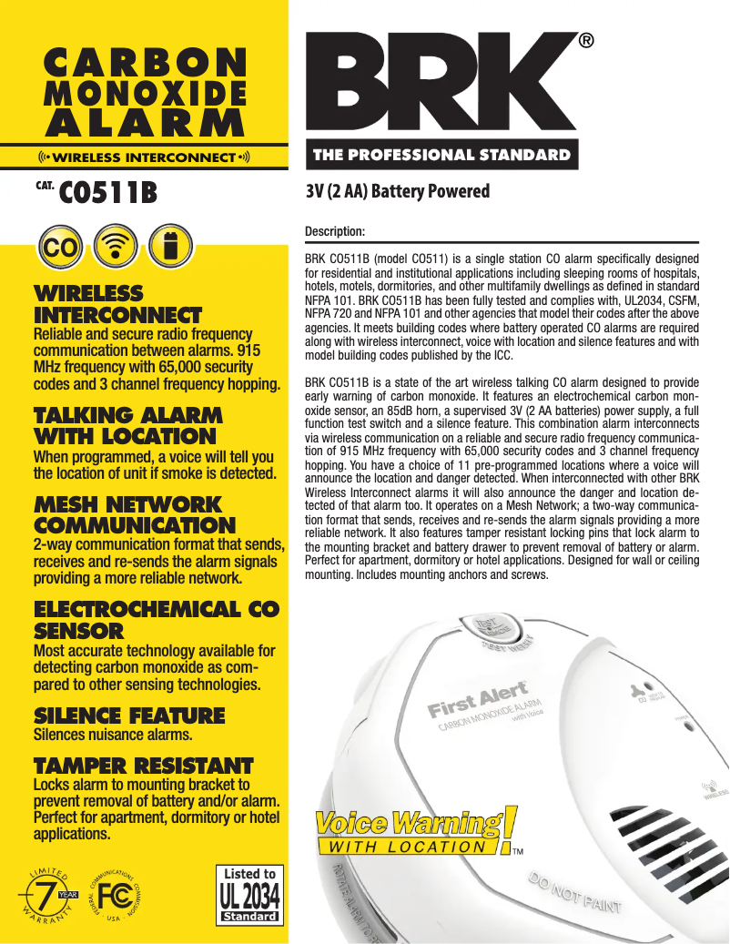 Page 1 de la notice Fiche technique First Alert CO511B