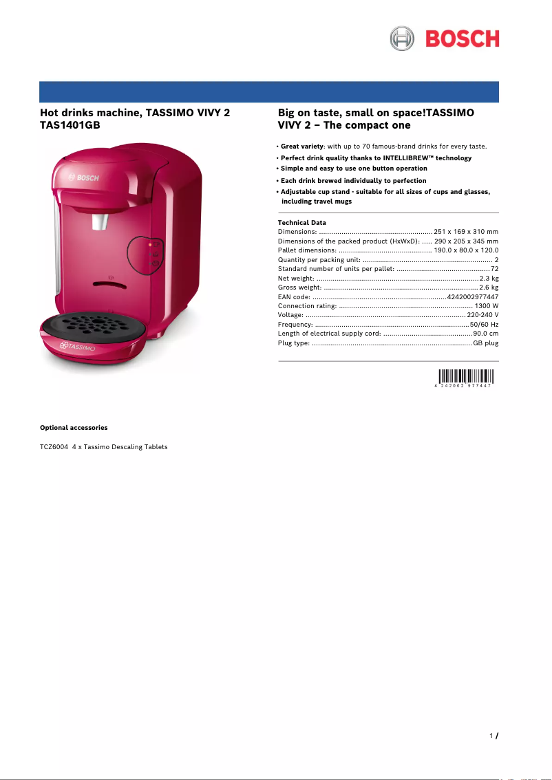 Page 1 of the manual Technical Sheet Bosch Tassimo Vivy 2 TAS1401GB