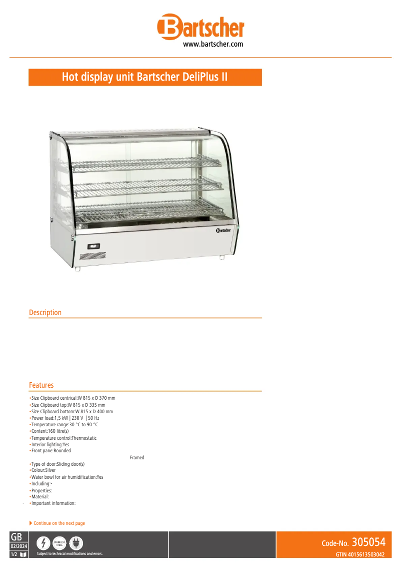 Page 1 de la notice Fiche technique Bartscher DeliPlus II 305054