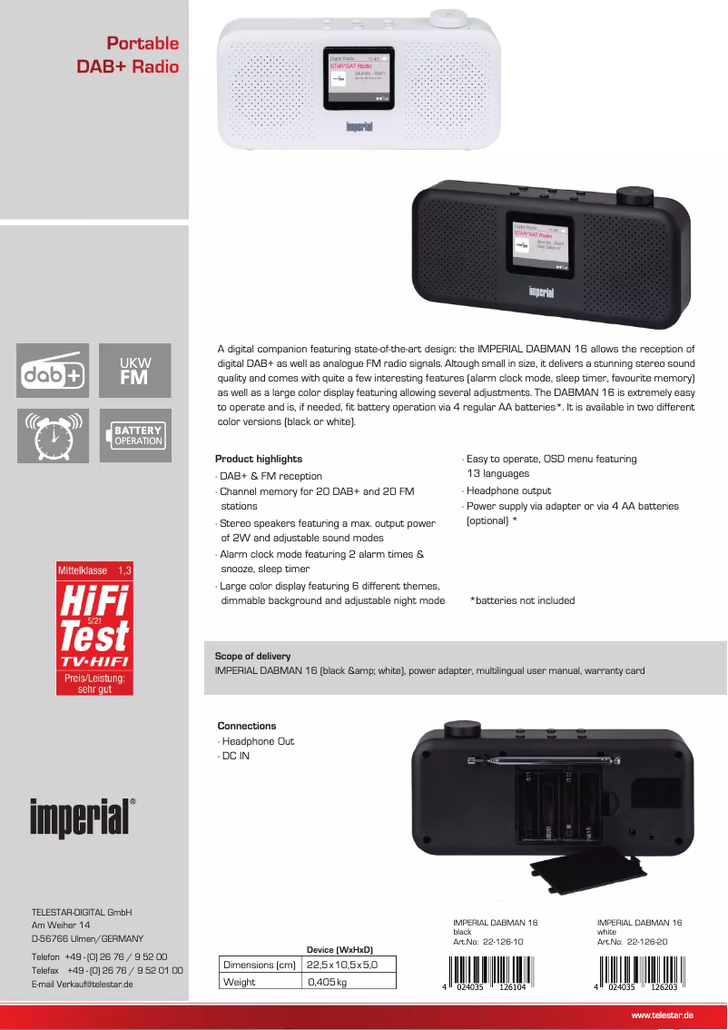 Page 1 de la notice Fiche technique Imperial DABMAN 16