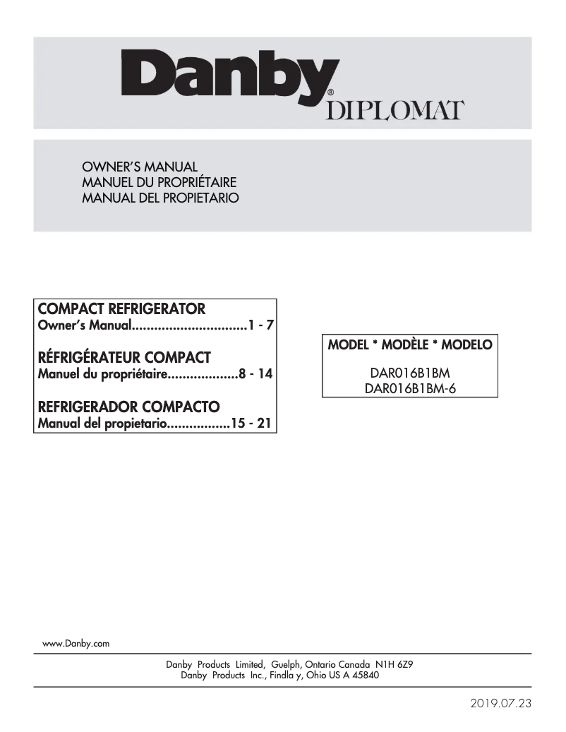 Page 1 de la notice Manuel utilisateur Danby DAR016B1BM-6