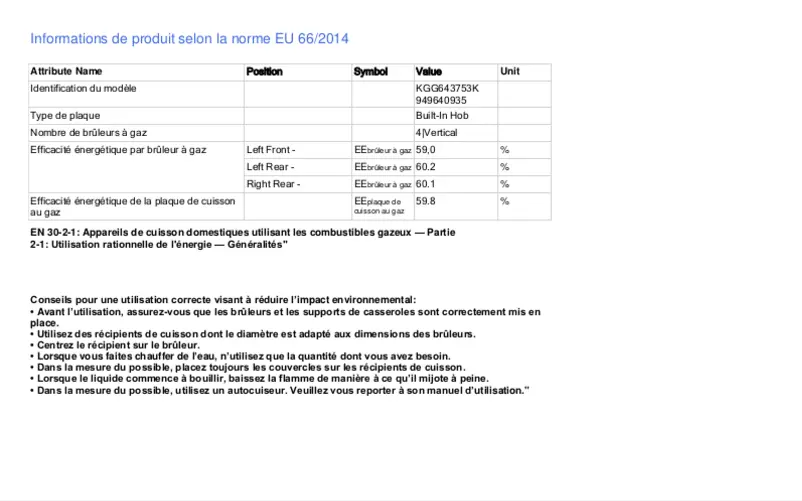 Page 1 de la notice Fiche technique Electrolux KGG643753K