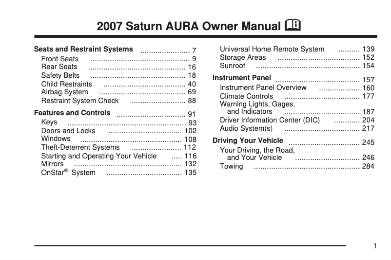 Page 1 of the manual User Manual Saturn Aura (2009)