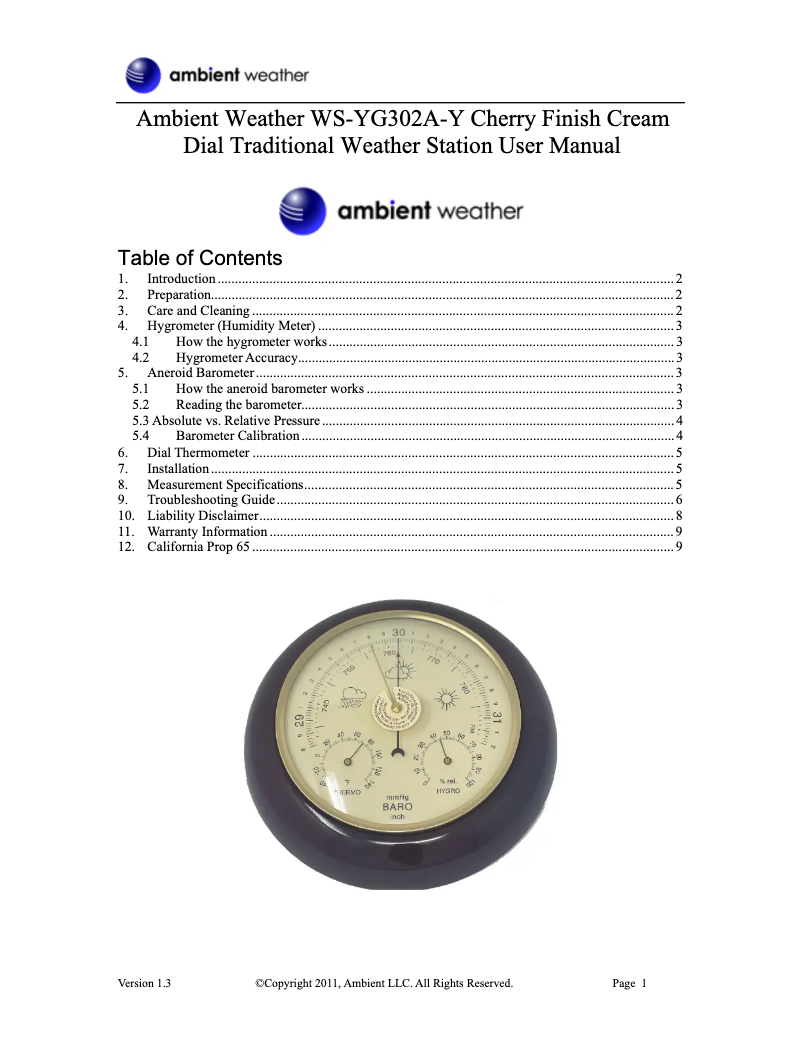 Page 1 de la notice Manuel utilisateur Ambient Weather WS-YG302A-Y
