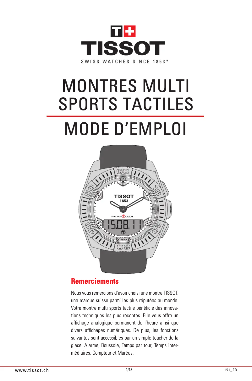 Page 1 de la notice Manuel utilisateur Tissot T-RACE Touch Aluminium