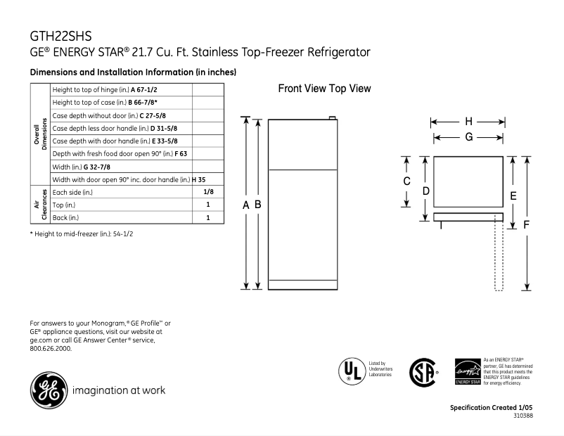 Page n°1 - Fiche technique GE GTH22SHSSS