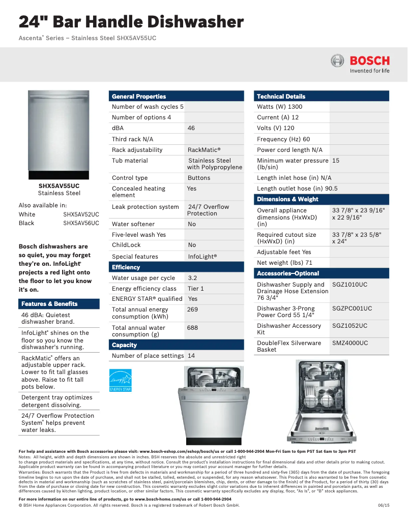 Page 1 de la notice Fiche technique Bosch SHX5AV5