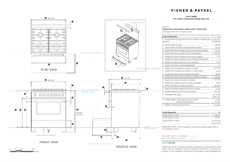 Página 1 del manual Ficha técnica Fisher & Paykel OR30SCG6X1