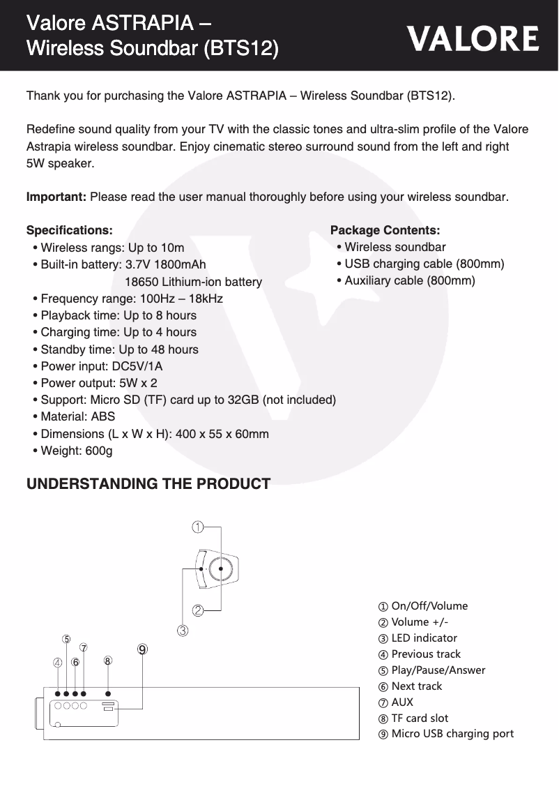 Page 1 de la notice Manuel utilisateur Valore BTS12