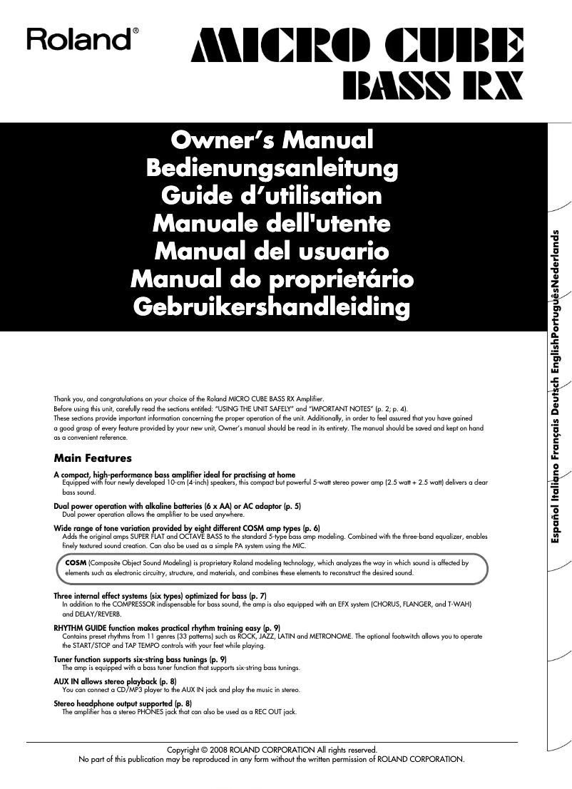 Page 1 de la notice Manuel utilisateur Roland Micro Cube Bass RX