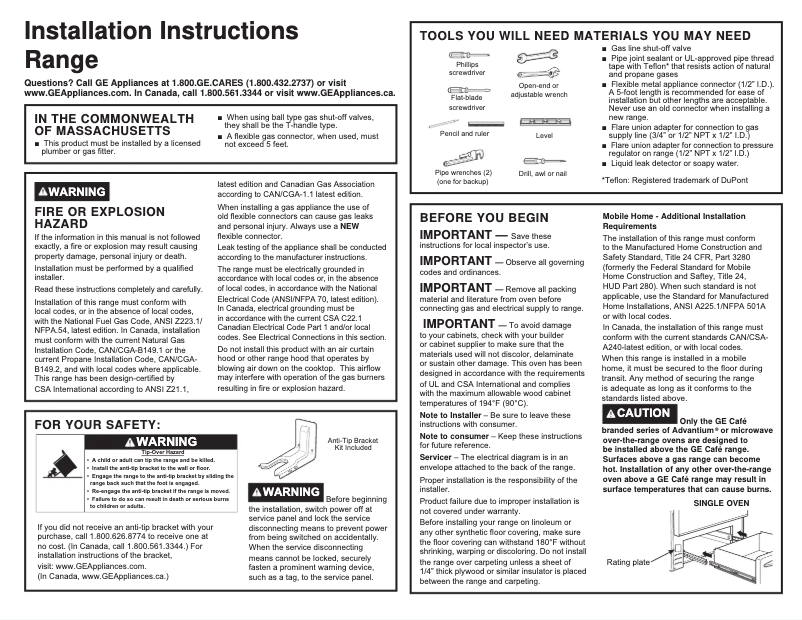 Page 1 of the manual Installation Guide GE JGSS61SPSS