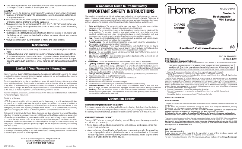 Page 1 de la notice Manuel utilisateur iHome iBT61