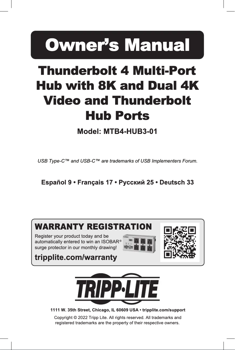 Page 1 de la notice Manuel utilisateur Tripp Lite MTB4-HUB3-01