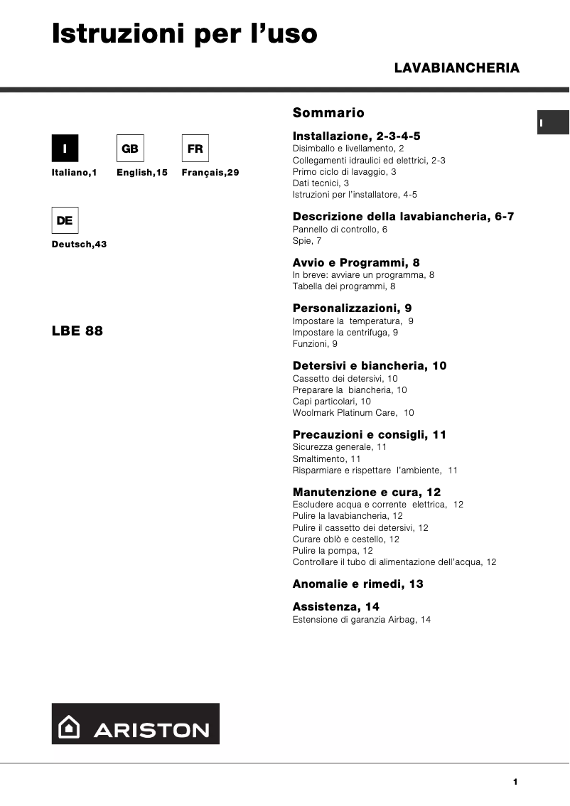 Page 1 de la notice Manuel utilisateur Ariston Thermo LBE88