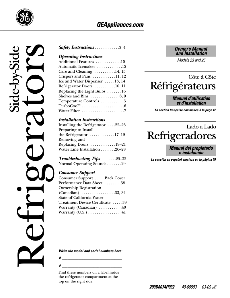 Page 1 of the manual Use and Maintenance Manual GE GSS25QSWSS