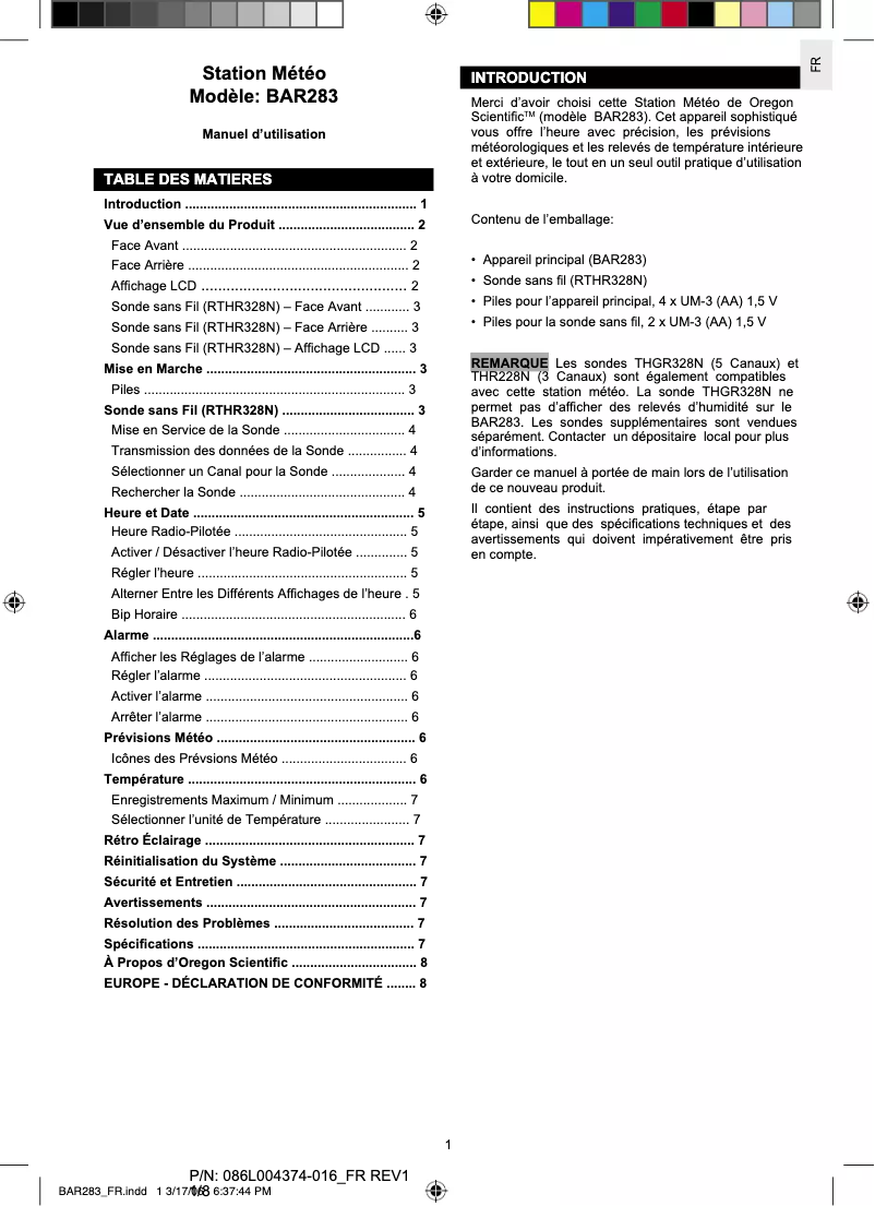 Page 1 de la notice Manuel utilisateur Oregon Scientific BAR283