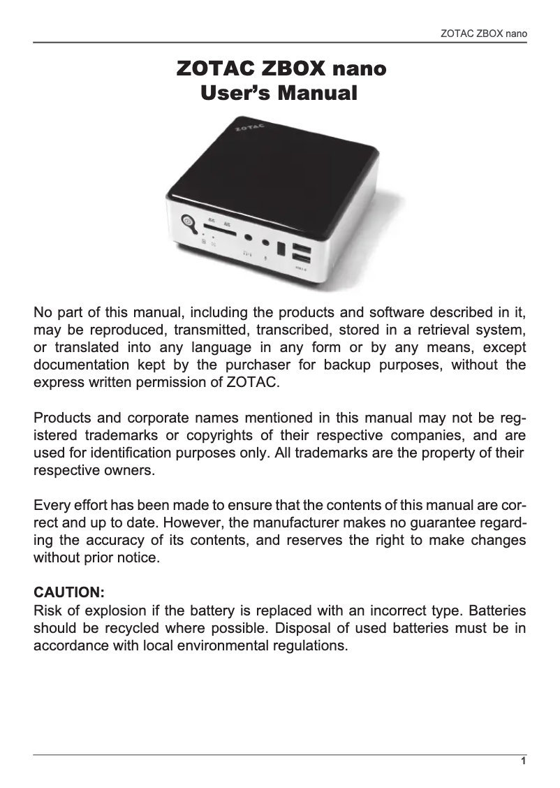 Page 1 de la notice Manuel utilisateur Zotac ZBOX MI522 nano