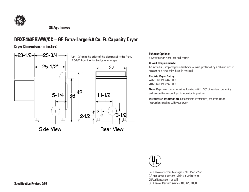 Página 1 del manual Ficha técnica GE DBXR463EBCC